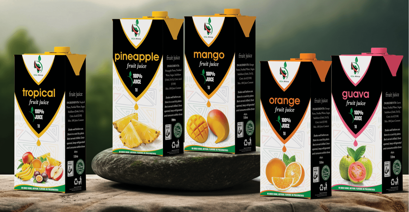 A box of OGA Africa Fruit Juice.